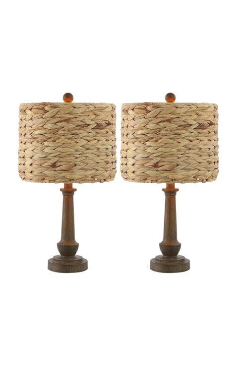 Leona 21.25" Rustic Farmhouse Handwoven Water Hyacinth/Resin LED Table Lamp, Brown Wood Finish (Set of 2)
