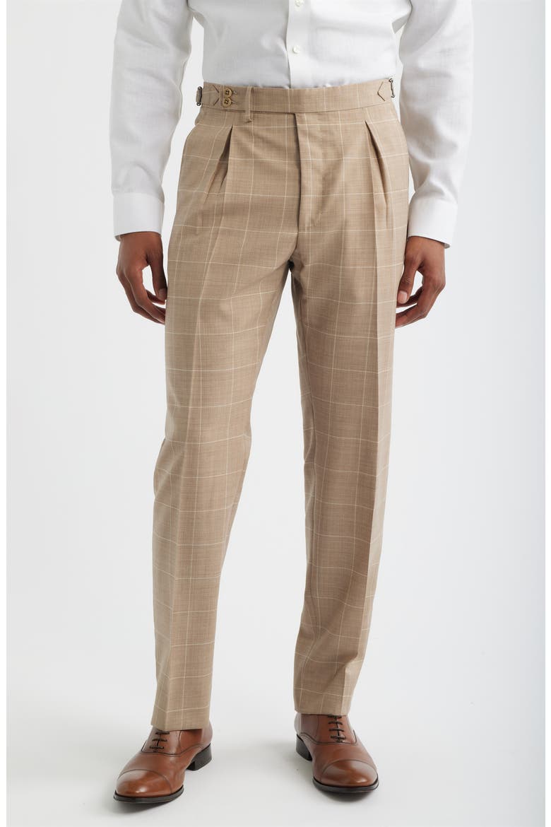 Danny Pleated Windowpane Check Wool Dress Pants, Main, color, BEIG/ KHAKI