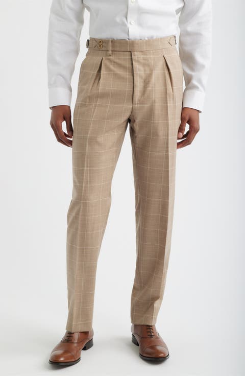 Danny Pleated Windowpane Check Wool Dress Pants (Regular & Big)