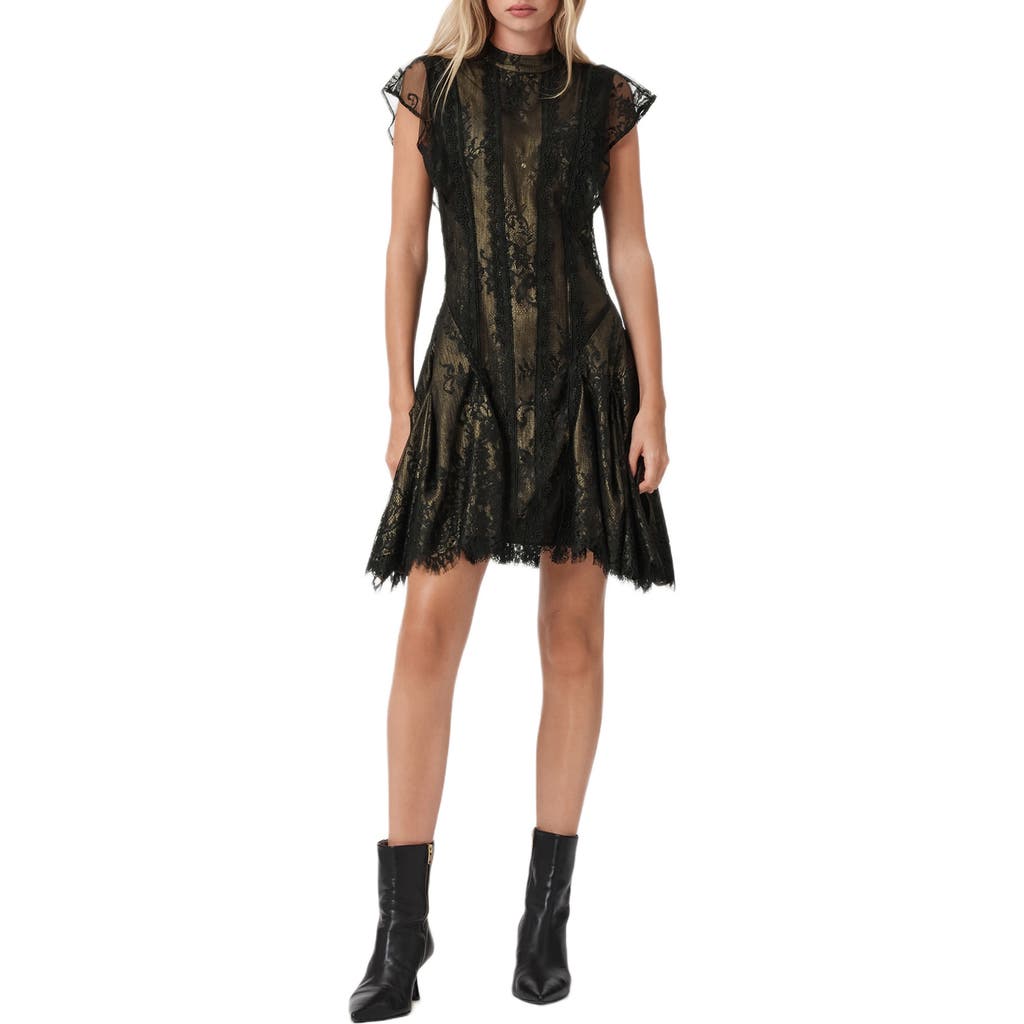 Allsaints Womens Metallic Gold Fleur High-neck Lace Mini Dress In Black