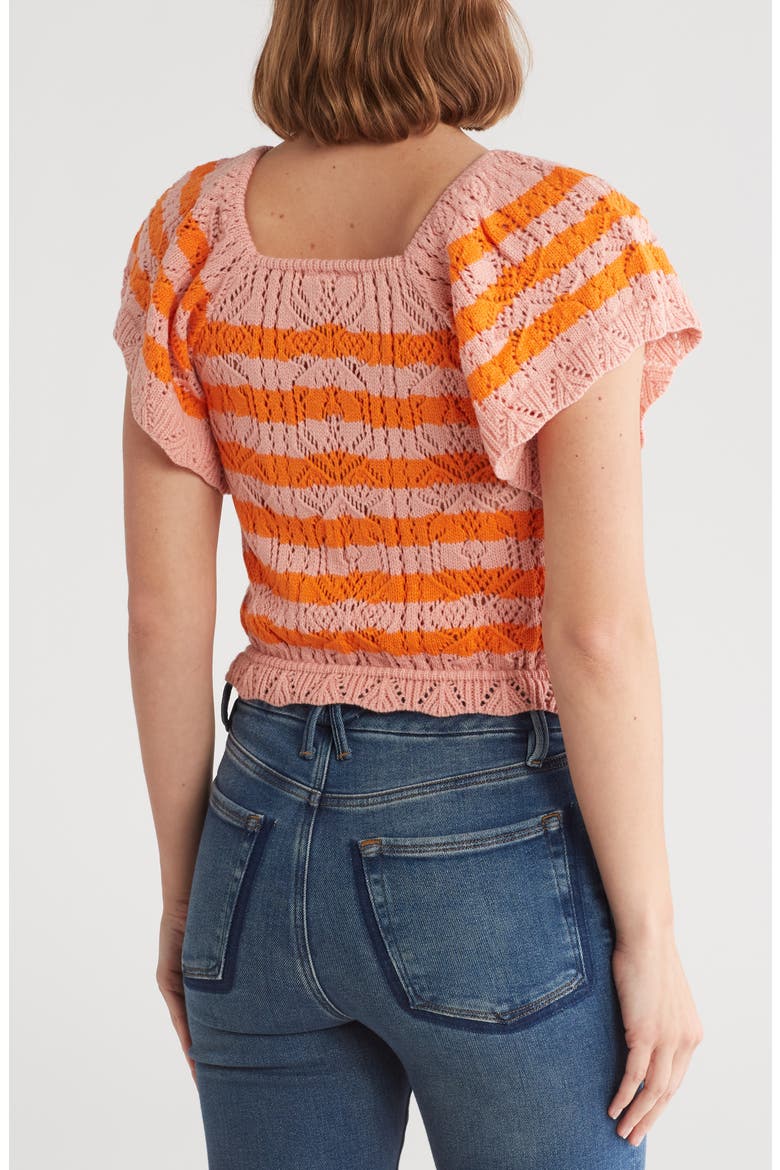 Lala Stripe Open Stitch Off the Shoulder Sweater, Alternate, color, CORAL CLOUD