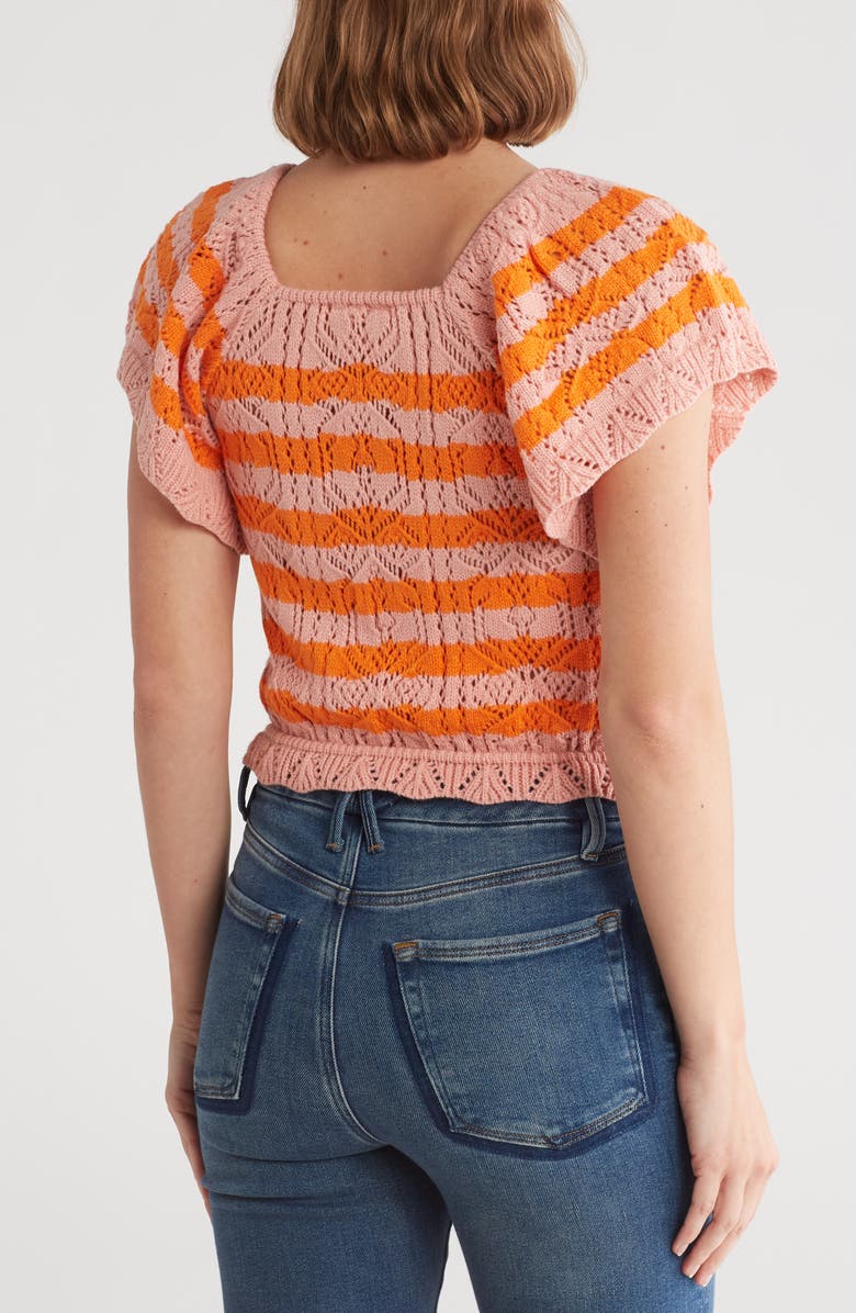BY DESIGN Lala Stripe Open Stitch Off the Shoulder Sweater, Alternate, color, Coral Cloud