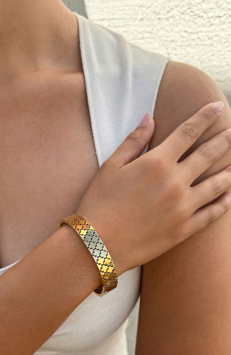 Adornia 18K Gold Plated Quatrefoil Hinged Bangle Bracelet, Alternate, color, Gold