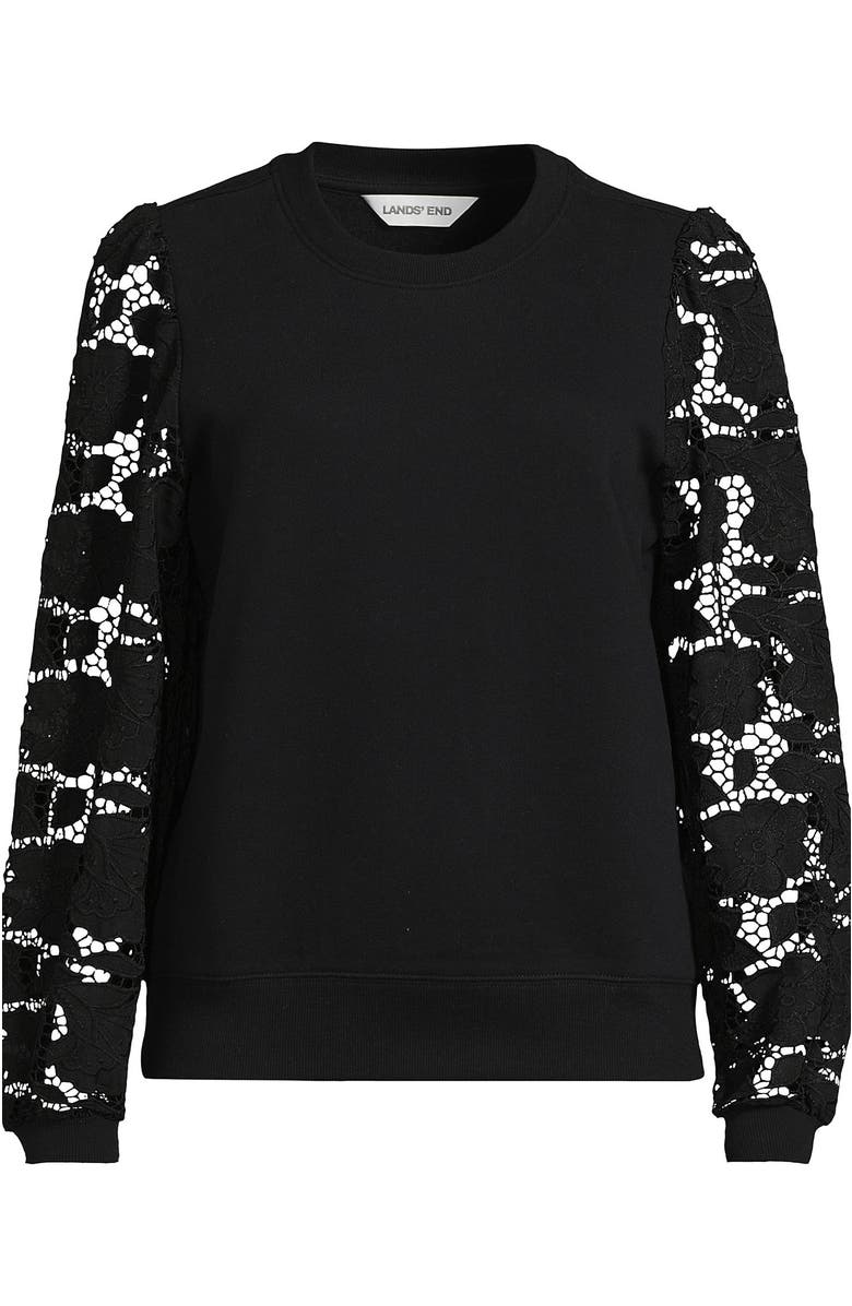 Lands' End Serious Sweats Lace Sleeve Sweatshirt, Alternate, color, Black