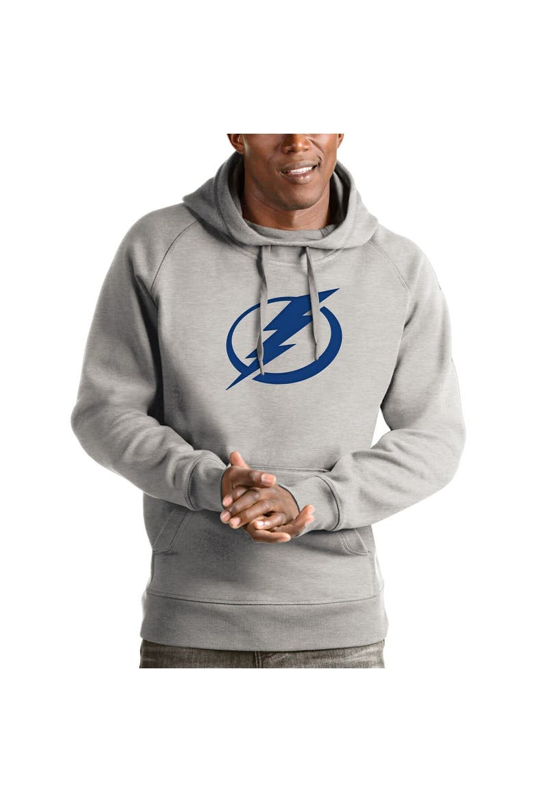 Men's Antigua Heathered Gray Tampa Bay Lightning Logo Victory Pullover Hoodie, Main, color, Heather Gray