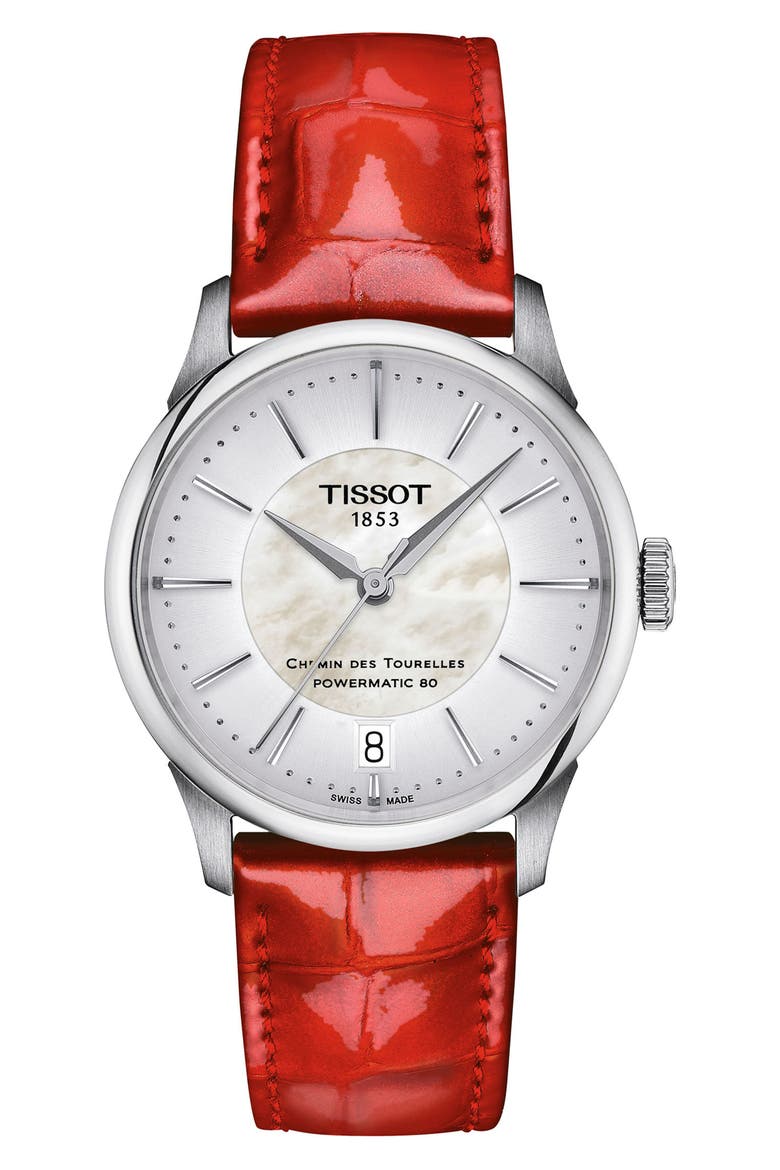 Chemin des Tourelles Powermatic 80 Leather Strap Watch, 34mm, Main, color, SILVER