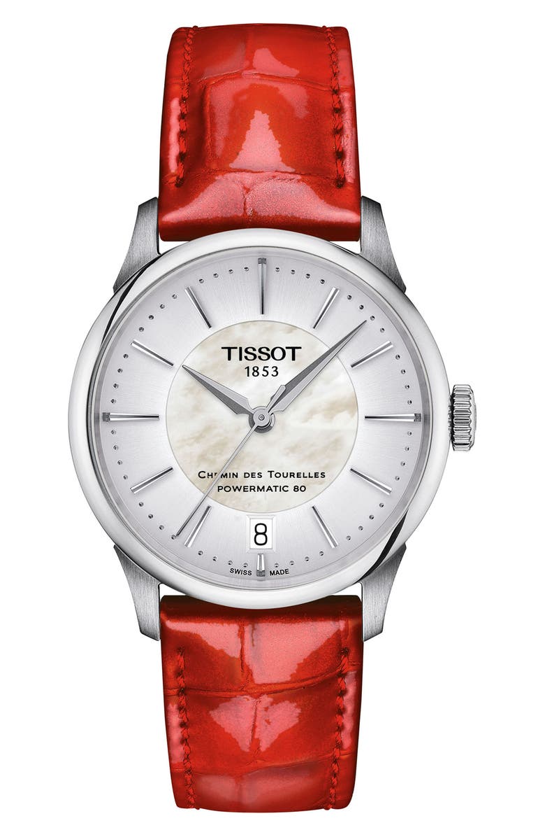 Tissot Chemin des Tourelles Powermatic 80 Leather Strap Watch, 34mm, Main, color, Silver