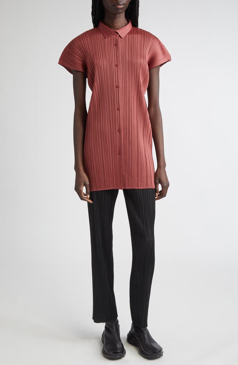 Pleats Please Issey Miyake Monthly Colors May Pleated Short Sleeve Shirtdress, Alternate, color, Terracotta