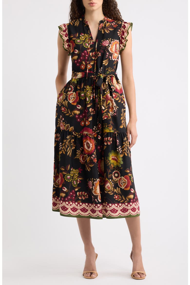 Floral Border Print Midi Dress, Main, color, BLACK MULTI