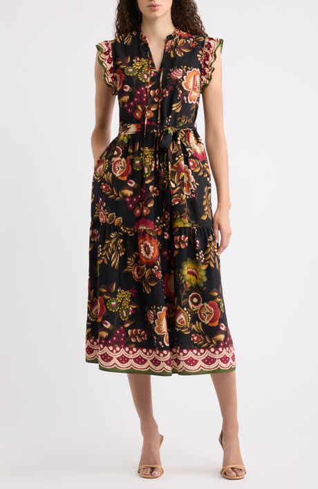 Floral Border Print Midi Dress