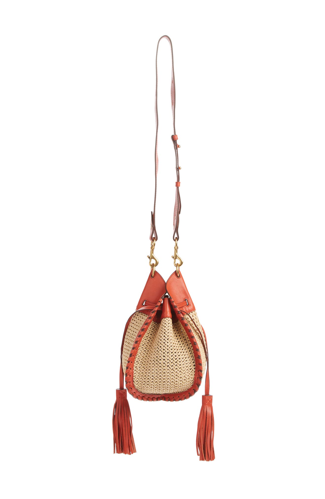 Isabel Marant Radja Tassel Woven Raffia & Leather Bucket Bag, Main, color, 