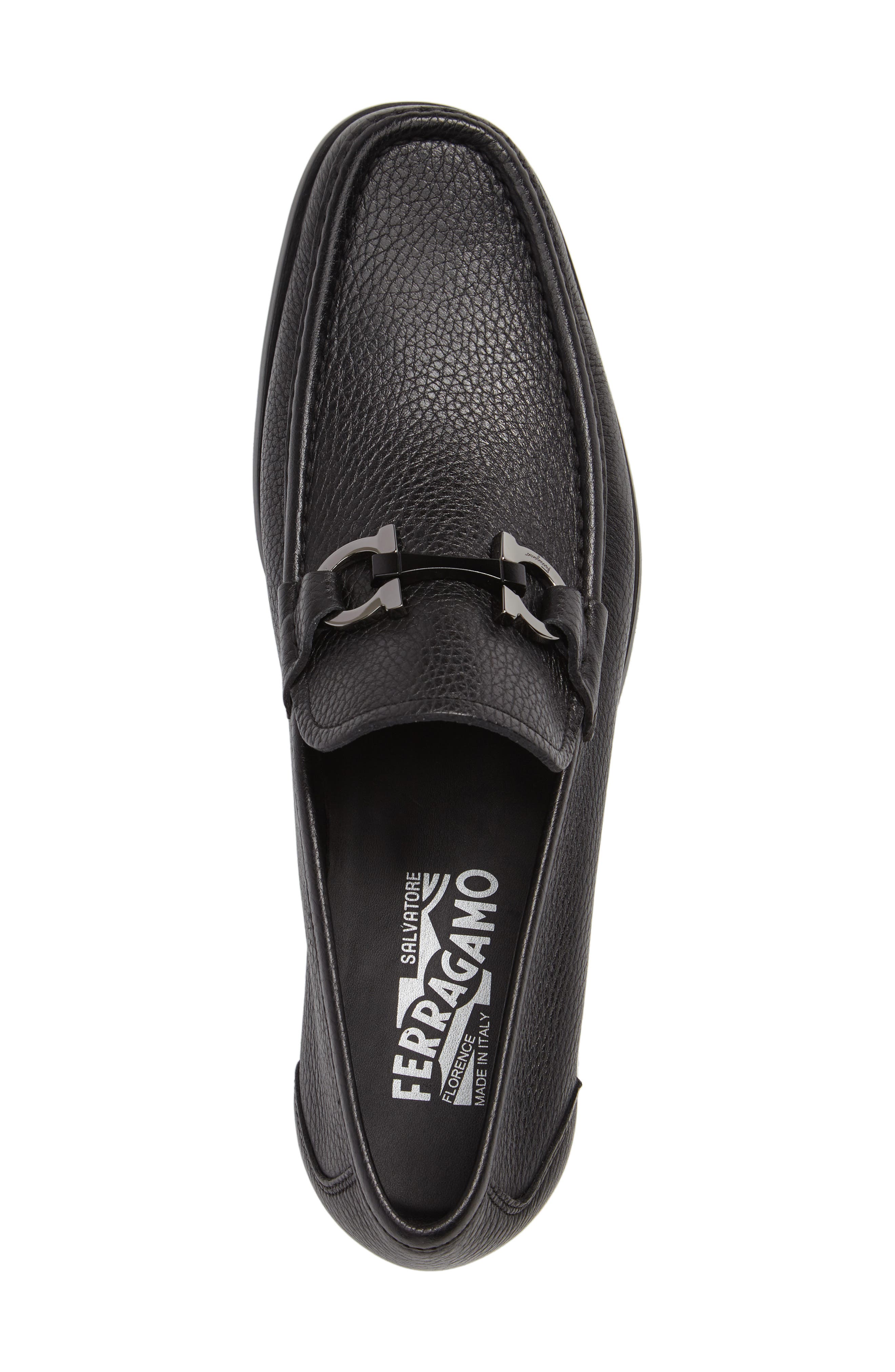 FERRAGAMO Grandioso Pebbled Driving Shoe with Double Gancio Ornament, Alternate, color, Black Leather