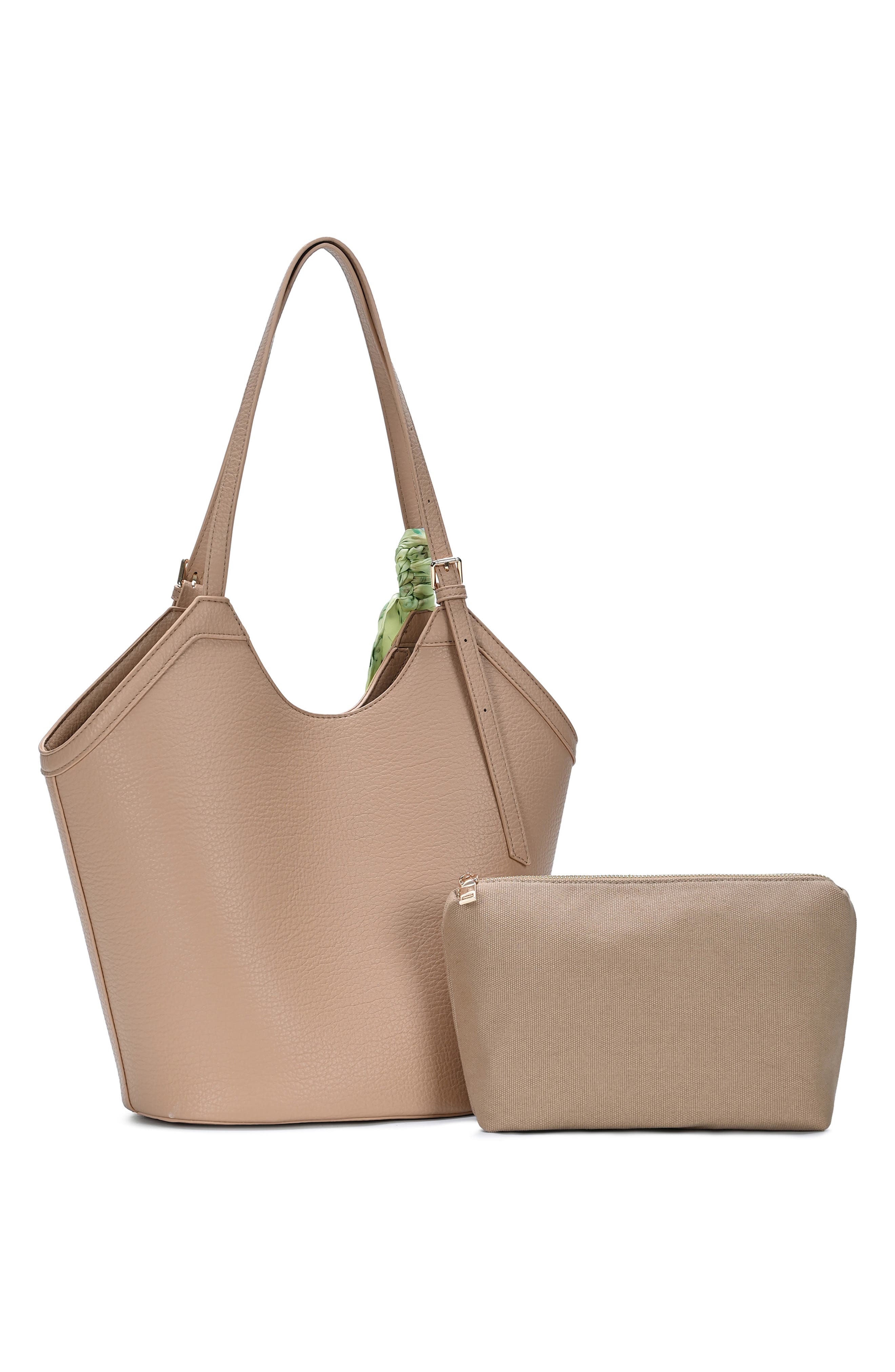 Faux Leather Tote with Scarf, Alternate, color, BEIGE