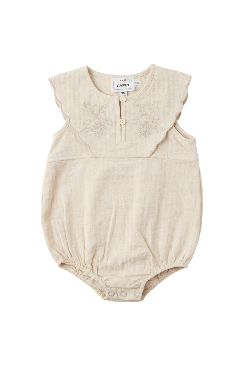 Girl Double Breasted Scalloped Embroidered Yoke Linen Romper, Main, color, Linen