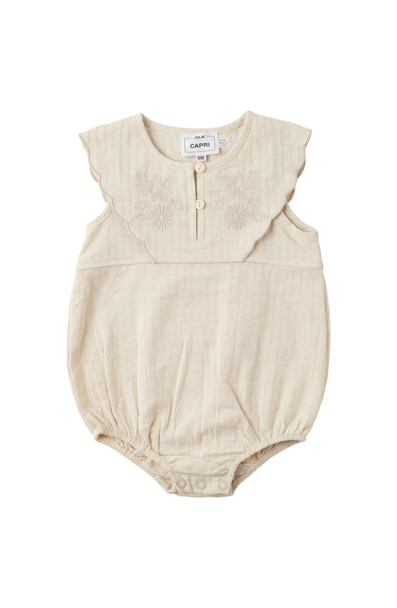 Jolie Capri Girl Double Breasted Scalloped Embroidered Yoke Linen Romper, Main, color, Linen