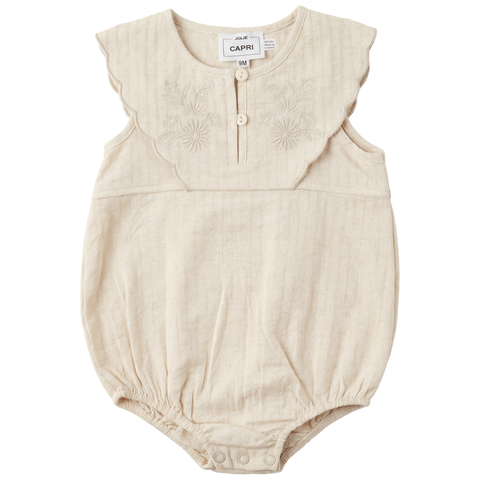 Girl Double Breasted Scalloped Embroidered Yoke Linen Romper (Baby)