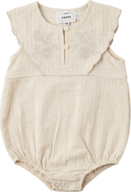 Jolie Capri Girl Double Breasted Scalloped Embroidered Yoke Linen Romper