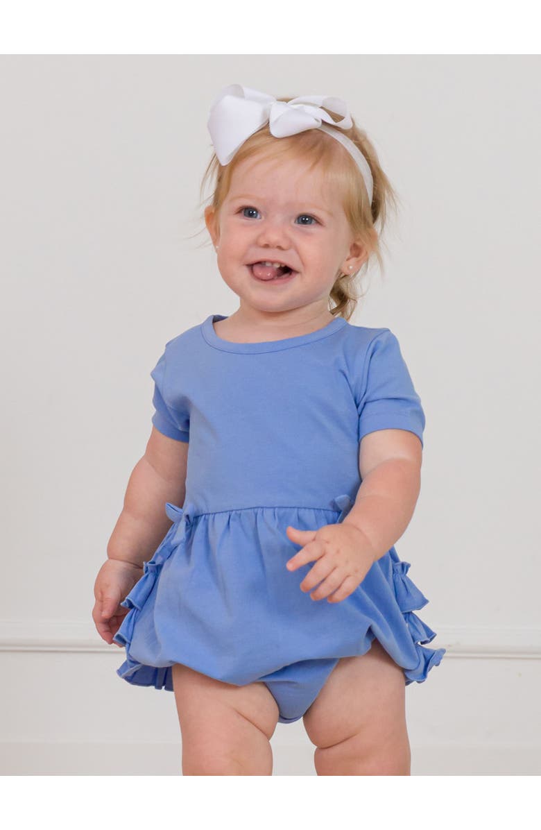 RuffleButts Knit Short Sleeve Bow Bubble Romper, Alternate, color, Periwinkle Blue