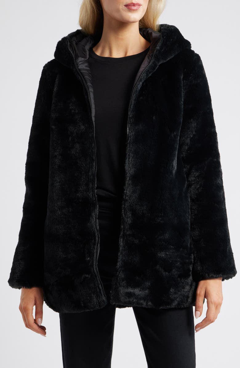 Save The Duck Bridget Reversible Faux Fur Hooded Jacket, Alternate, color, Black