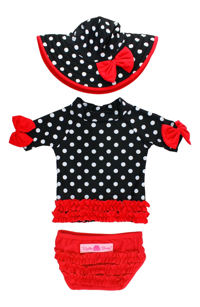 RuffleButts Vintage Two-Piece Rashguard Swimsuit & Hat Set, Alternate, color,