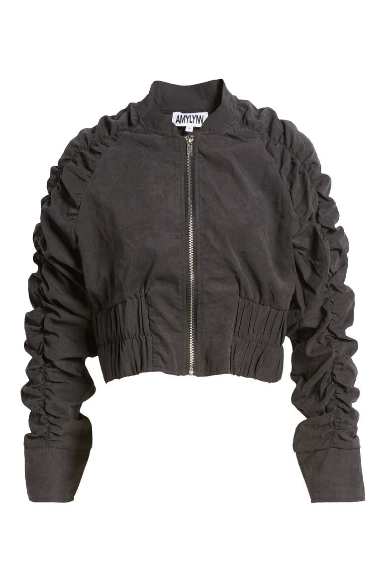 Ruched Sleeve Crop Bomber Jacket, Alternate, color, BLACK