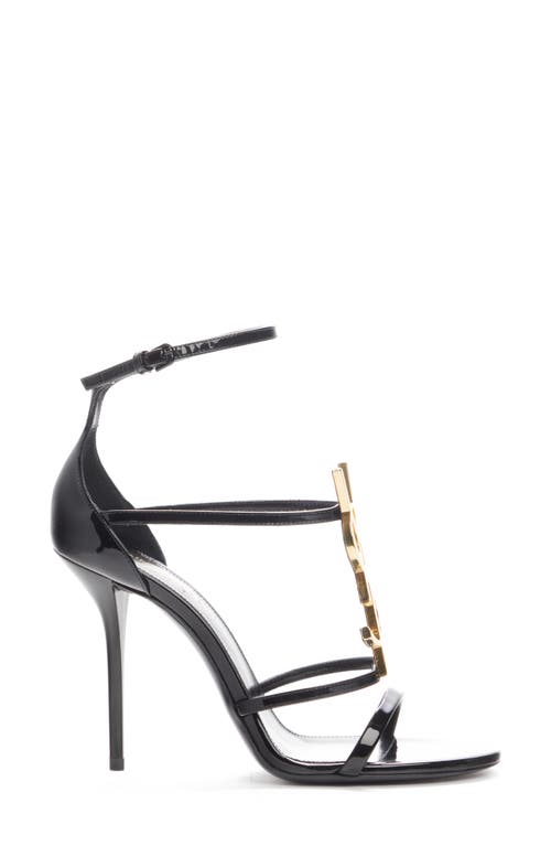 Saint Laurent Cassandra Sandals In Patent Leather With Gold-tone Monogram In Nero