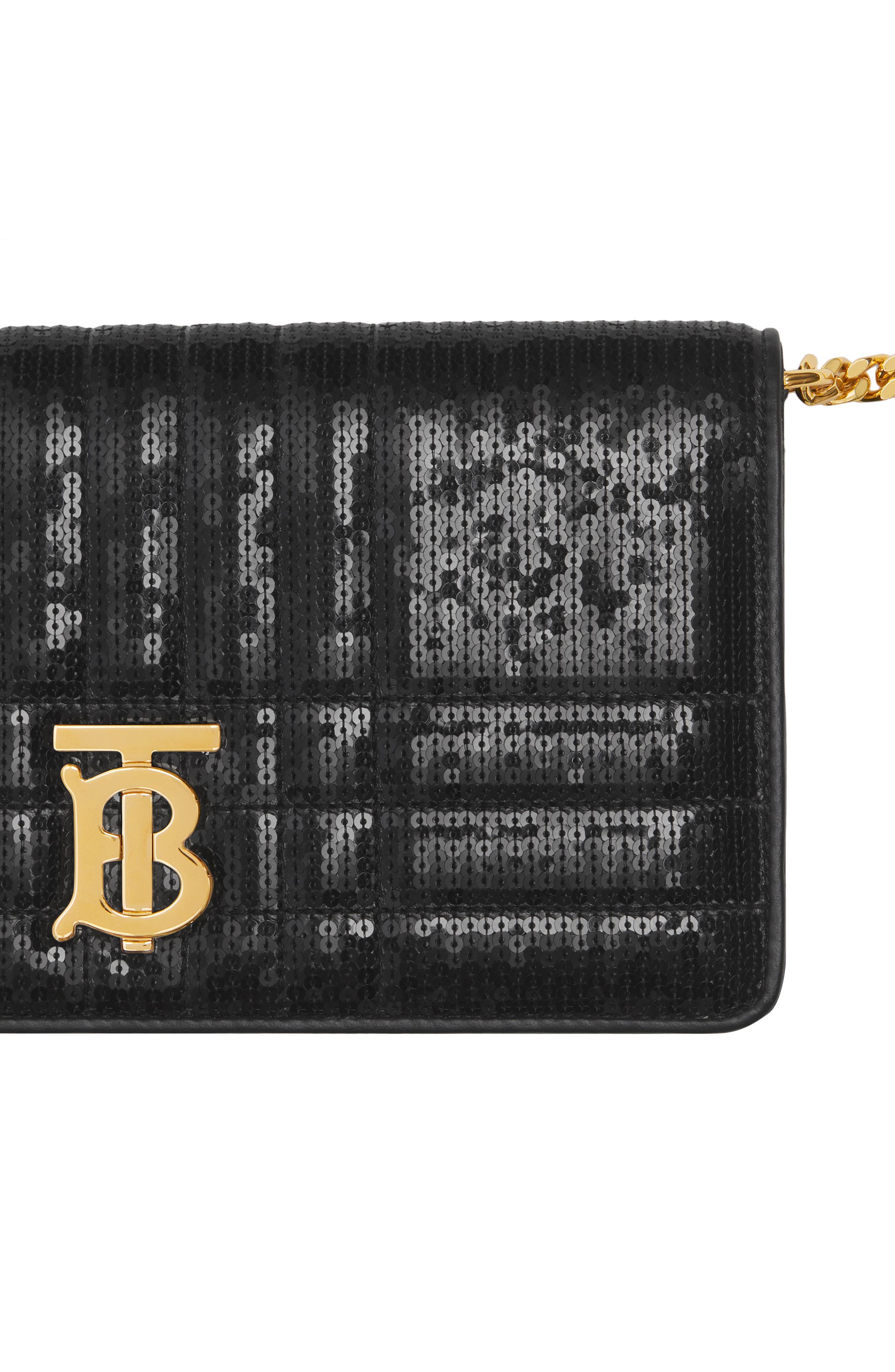 Lola Quilted Sequined Leather Wallet on a Chain, Alternate, color, BLACK