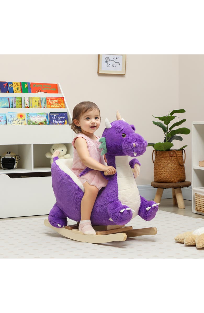 Qaba Baby Rocking Horse Ride Dragon Kids Ride On Toy with Realistic Sound and Safety Belt Plush Animal Rocker for Kids, Alternate, color, Purple
