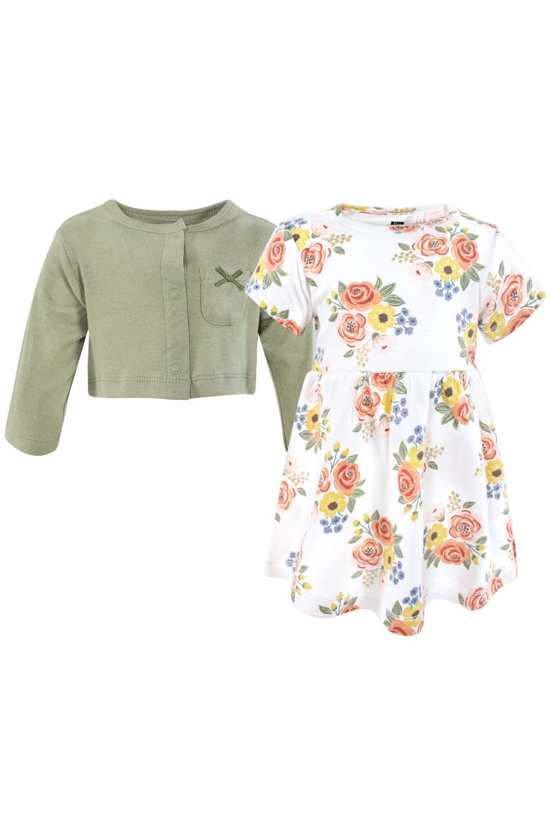 Two-Piece Cotton Dress and Knit Cardigan Set, Alternate, color, Golden Bouquet