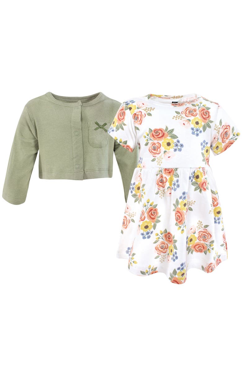 Hudson Baby Two-Piece Cotton Dress and Knit Cardigan Set, Alternate, color, Golden Bouquet