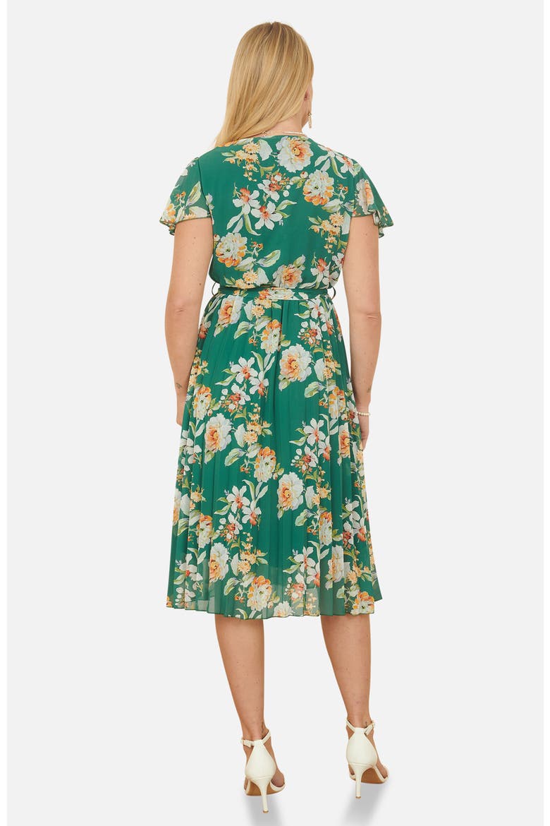 Pleated Floral Tie-Waist Wrap Midi Dress, Alternate, color, Green