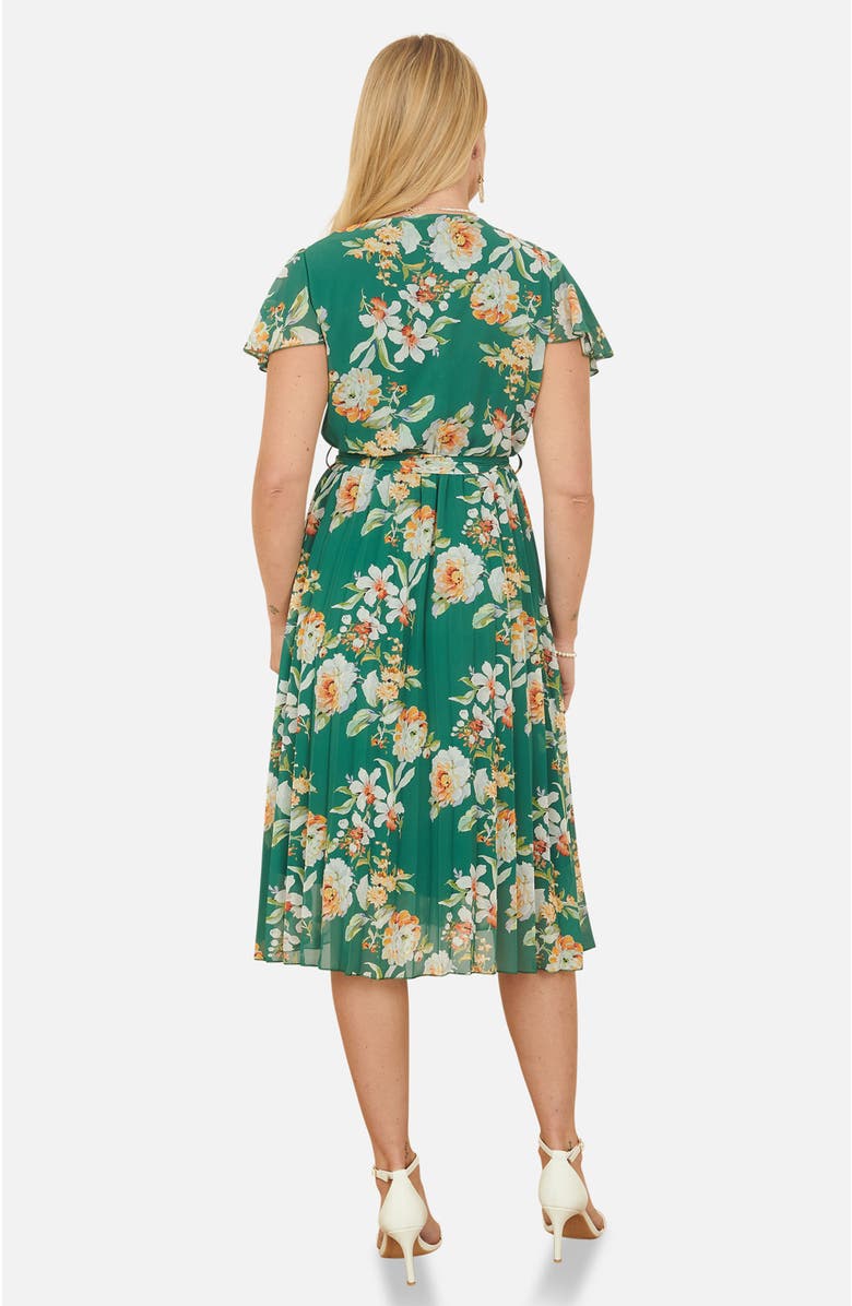 Yumi Pleated Floral Tie-Waist Wrap Midi Dress, Alternate, color, Green