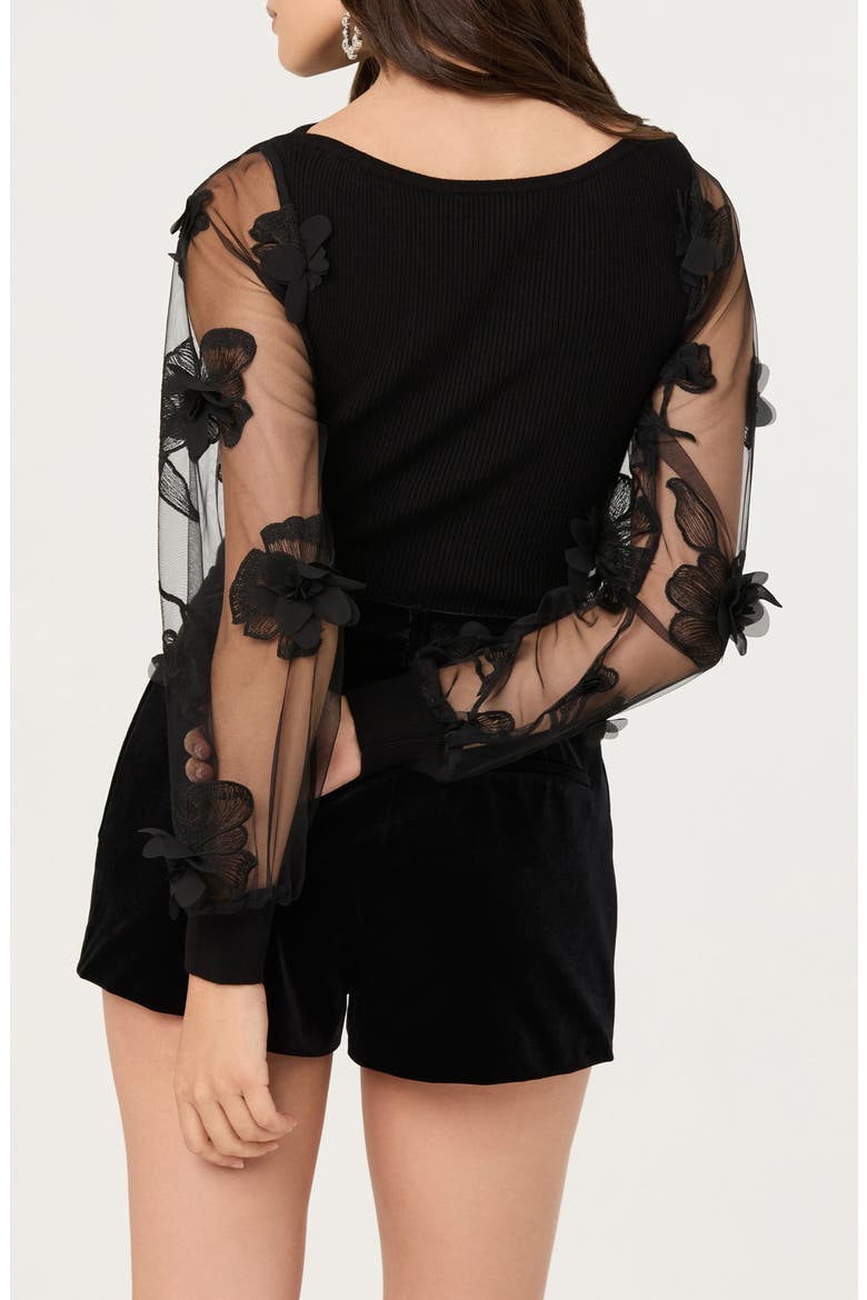 Meagan Floral Appliqué Sheer Sweater, Alternate, color, BLACK