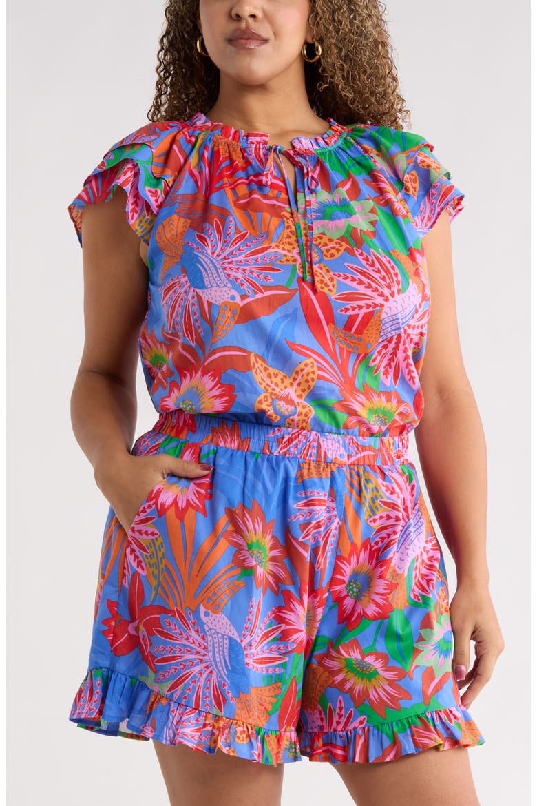 Cindal Floral Hita Ruffle Top, Main, color, BLUE-PINK-MULTI