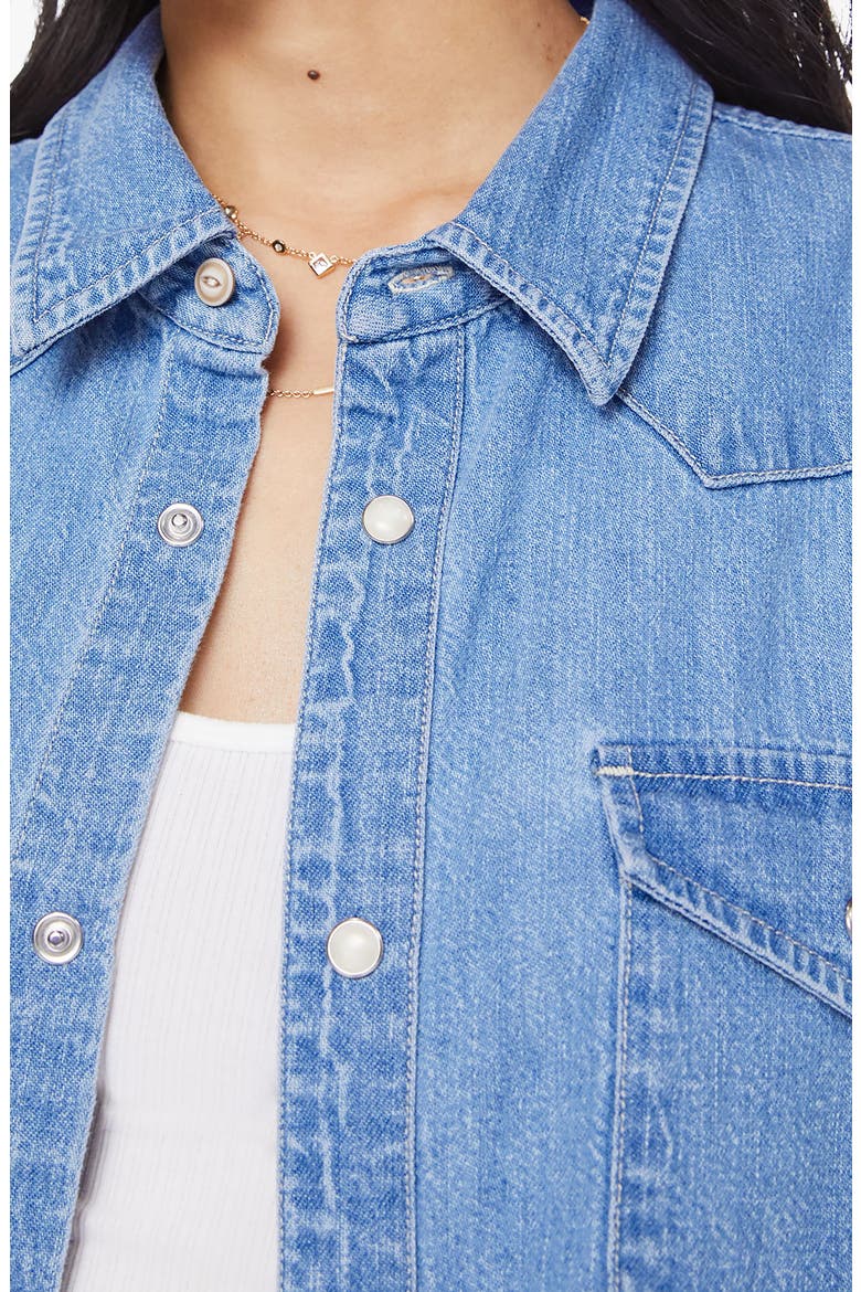 The Super Exes Frayed Step Hem Crop Snap-Up Denim Shirt, Alternate, color, PLAYING FOR KEEPS