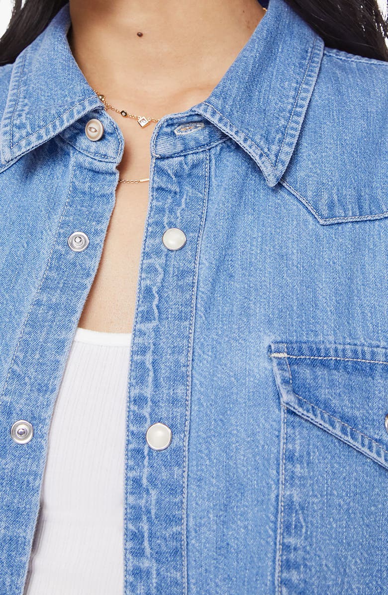 MOTHER The Super Exes Frayed Step Hem Crop Snap-Up Denim Shirt, Alternate, color, Playing For Keeps