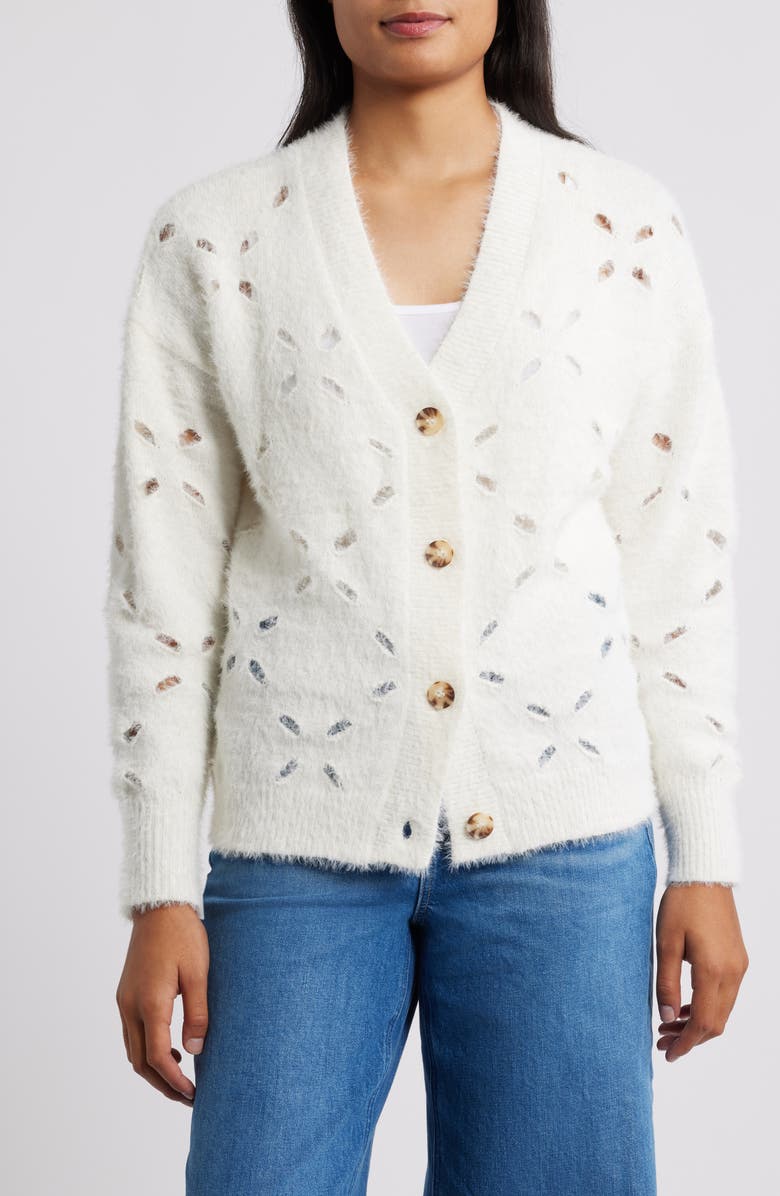 Bobeau Cutout Button-Up Cardigan, Alternate, color, Ivory