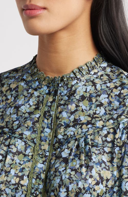 Wit & Wisdom Print Ruffle Eyelet Shirt In Black/deep Seagrass Multi