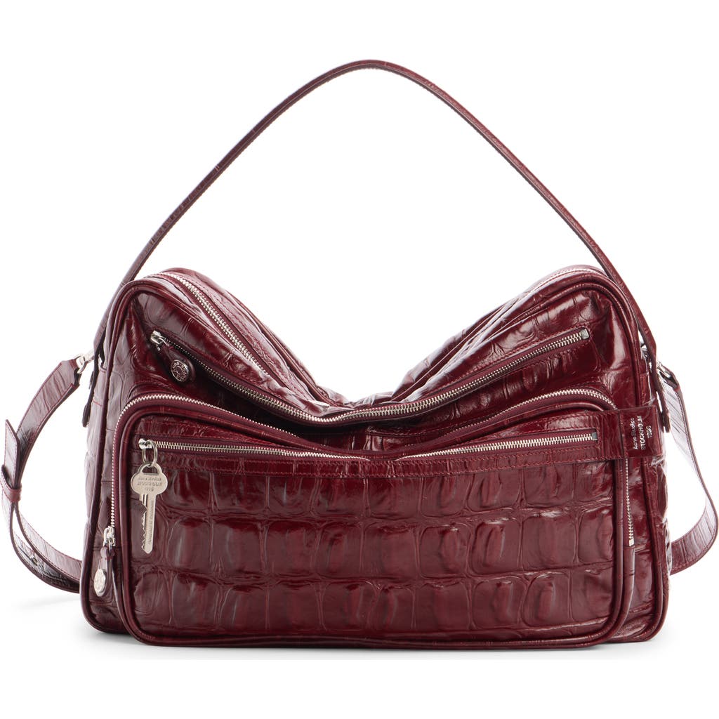 Acne Studios Camero Croc Embossed Leather Shoulder Bag In Burgundy