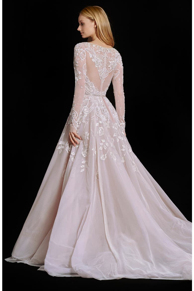 Hayley Embellished English Net & Tulle Long Sleeve Ballgown, Alternate, color, AMETHYST