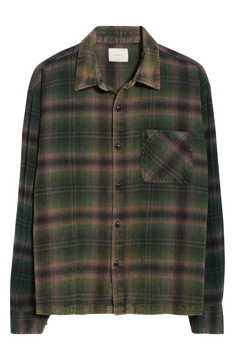 PacSun Plaid Flannel Crop Button-Up Shirt, Alternate, color, Black/ Green