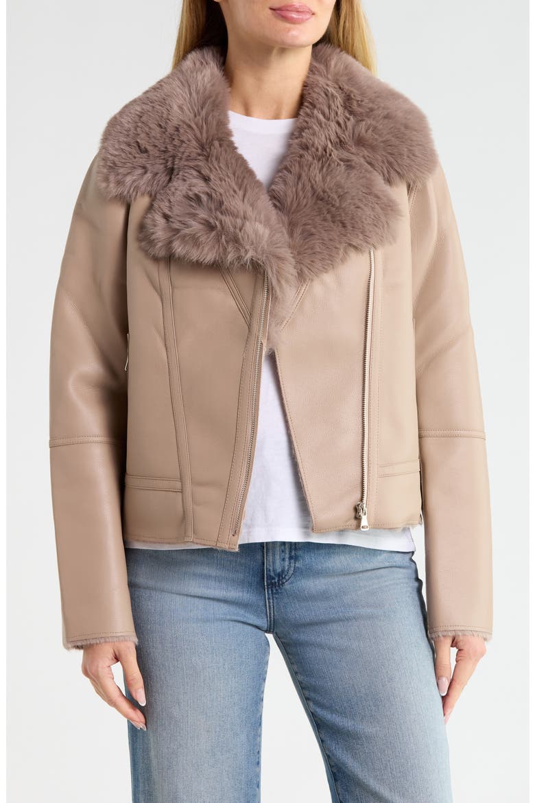 Faux Fur Collar Moto Jacket, Main, color, TAUPE