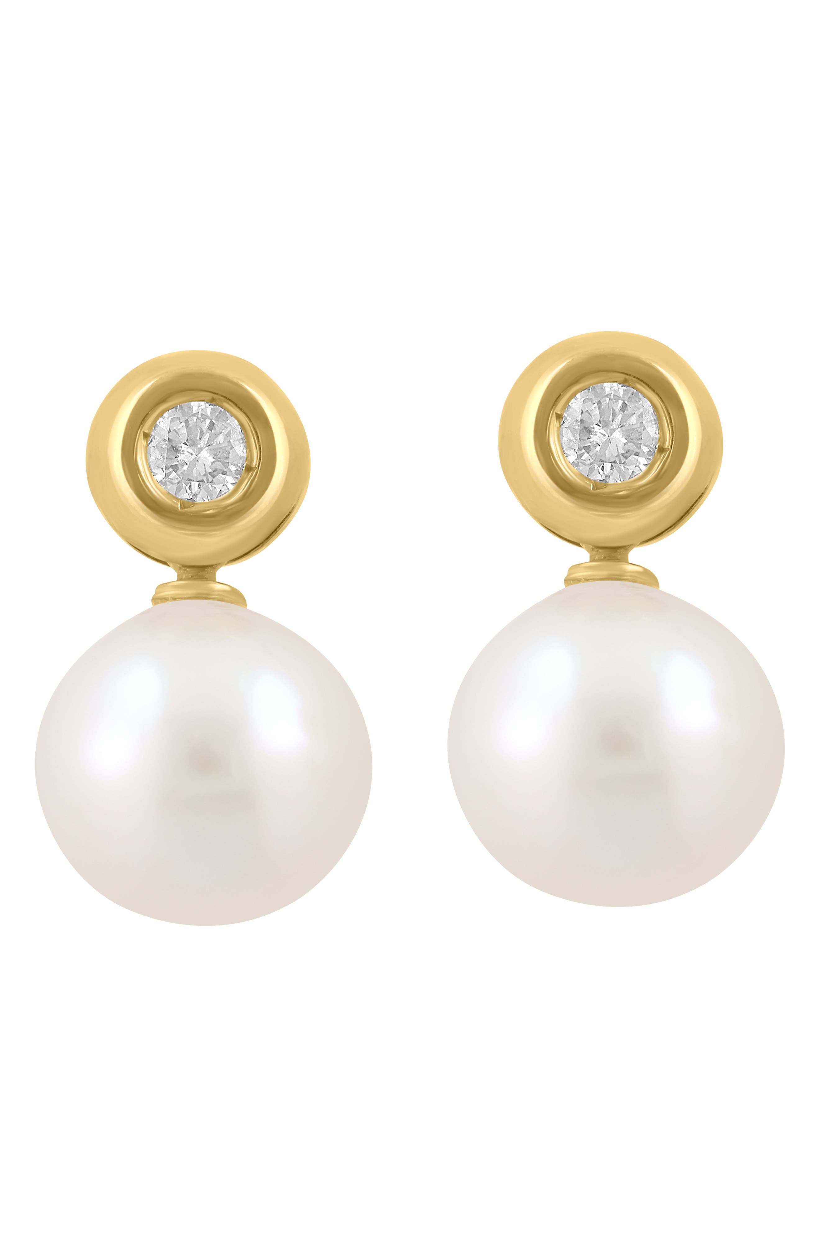 EFFY 14K Gold Bezel Set Diamond & Akoya Pearl Stud Earrings