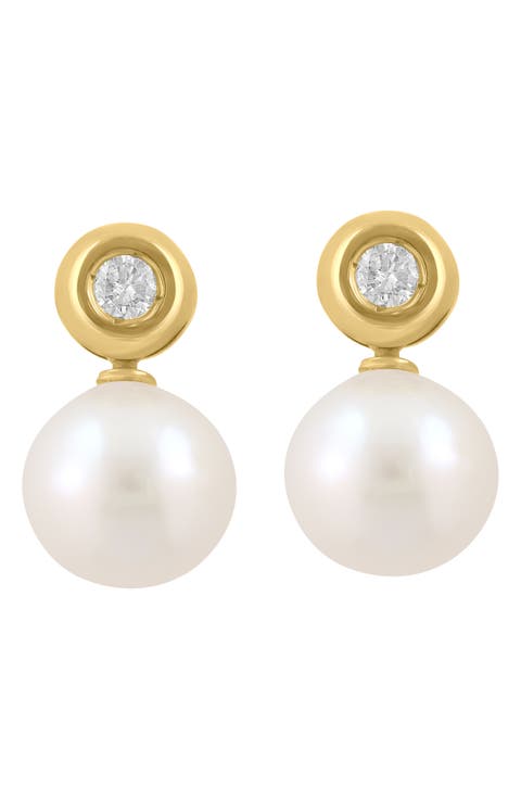 14K Gold Bezel Set Diamond & Akoya Pearl Stud Earrings