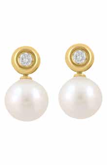 EFFY 14K Gold Bezel Set Diamond & Akoya Pearl Stud Earrings