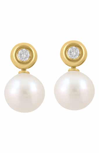 EFFY 14K Gold Bezel Set Diamond & Akoya Pearl Stud Earrings