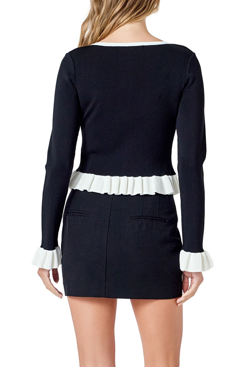 Rib Contrast Ruffle Trim Top, Alternate, color, BLACK