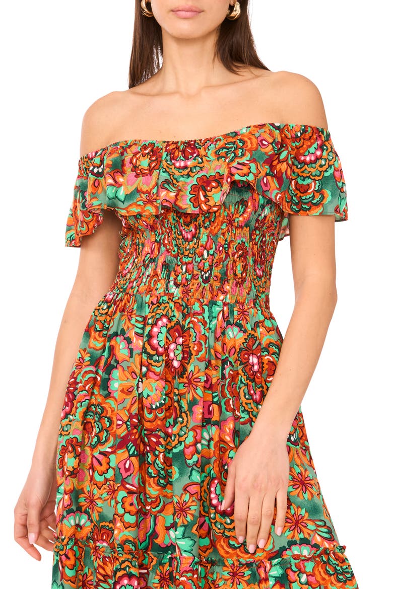 Floral Off the Shoulder Tiered Ruffle Maxi Dress, Alternate, color, CHILI
