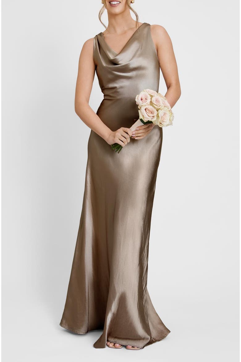 Cowl Front Satin Bridesmaid Dress, Alternate, color, Truffle