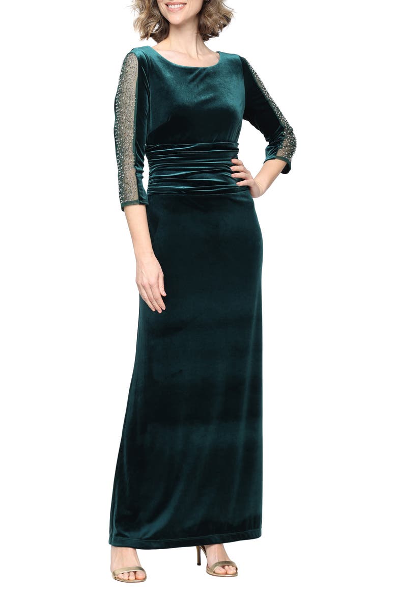 Beaded Sleeve Stretch Velvet Gown, Main, color, FOREST